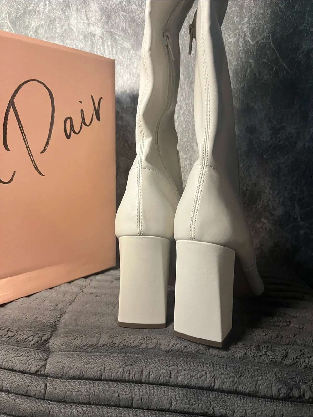 Wild Pair Cream Knee-High Pointed Toe Block Heel Boots